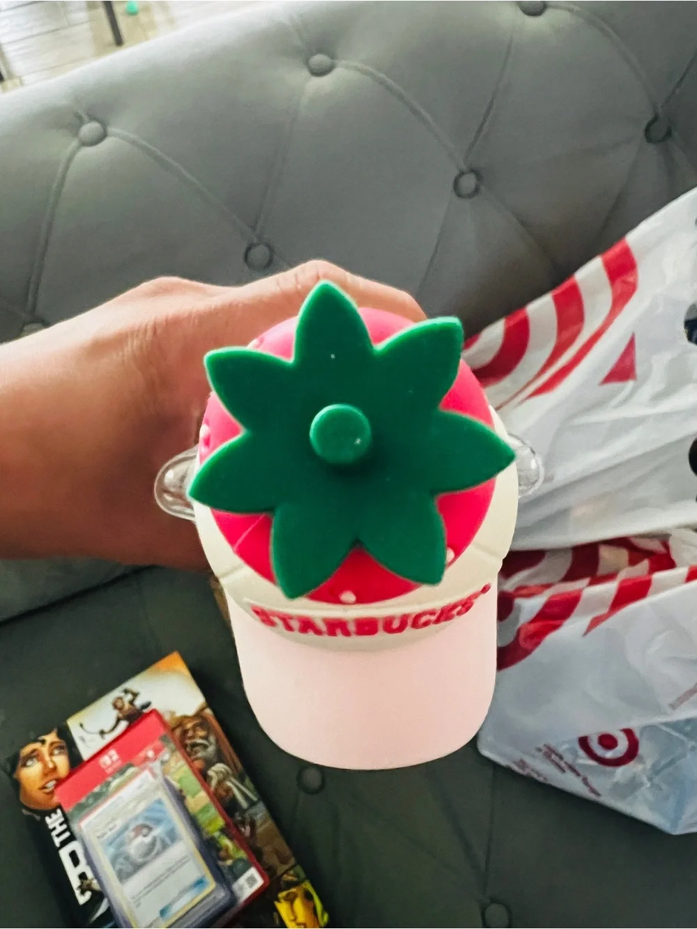 Starbucks Clear Bear Tumbler with Pink Straw and Strawberry Top
